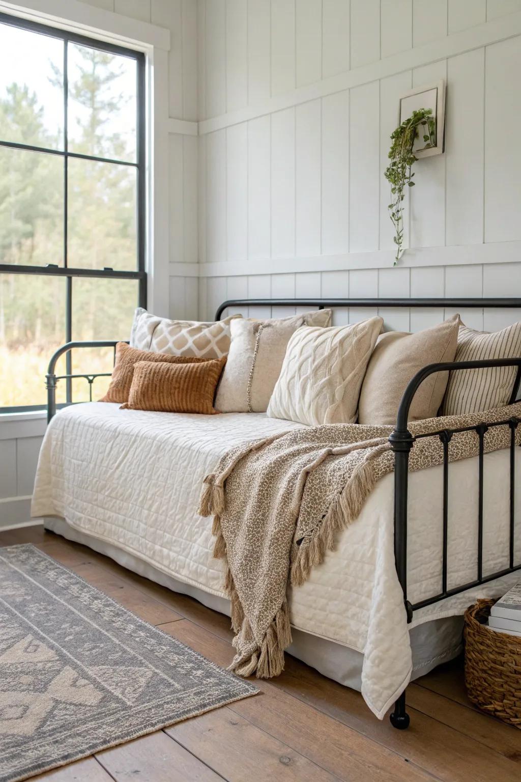 Matte black metal daybed with quilt, chunky knit throw, and neutral pillows—farmhouse cozy.