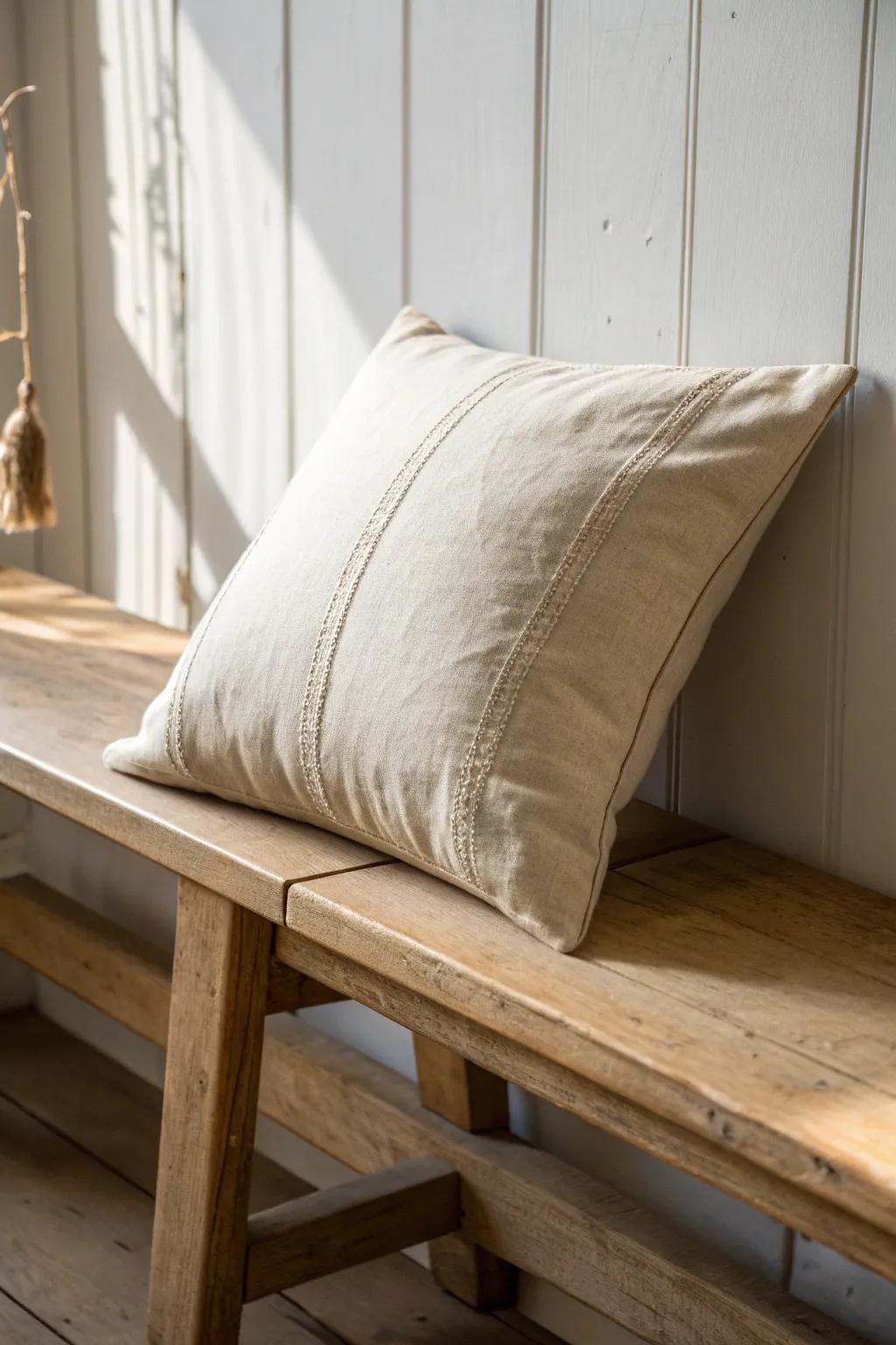 Neutral DIY envelope pillow in natural linen—budget-friendly farmhouse warmth with crafted charm.