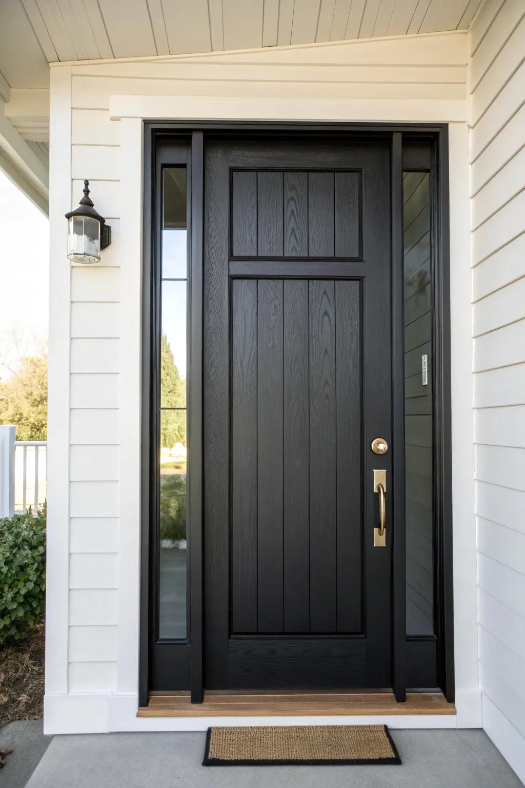 Matte black farmhouse door with crisp white trim—minimal, bold, and beautifully crafted.