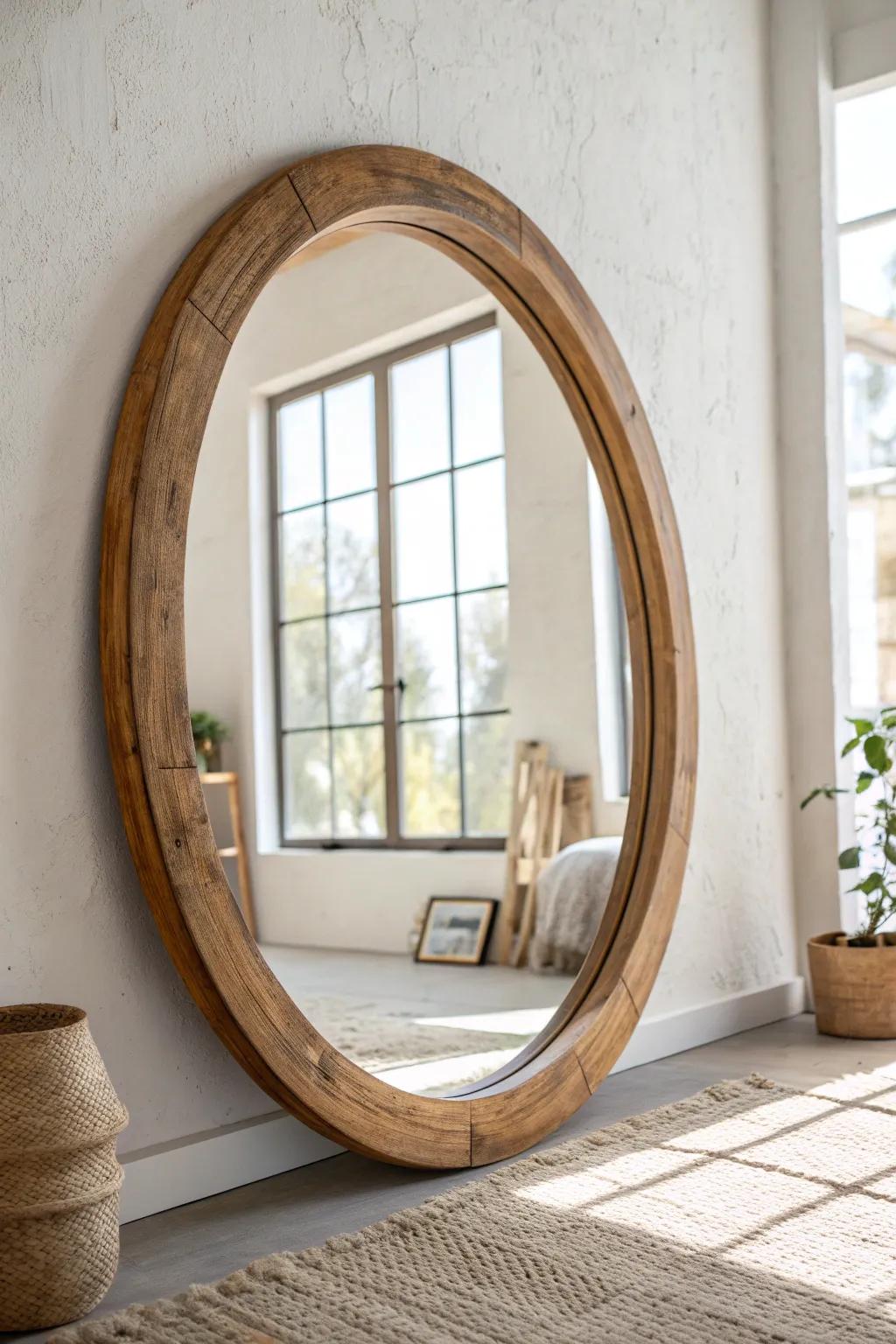 A reclaimed-wood framed mirror that brightens a narrow entry with airy farmhouse charm.
