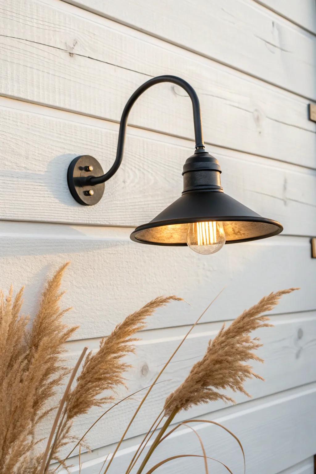 Warm gooseneck barn light glow—simple, handcrafted farmhouse charm for garage bays.