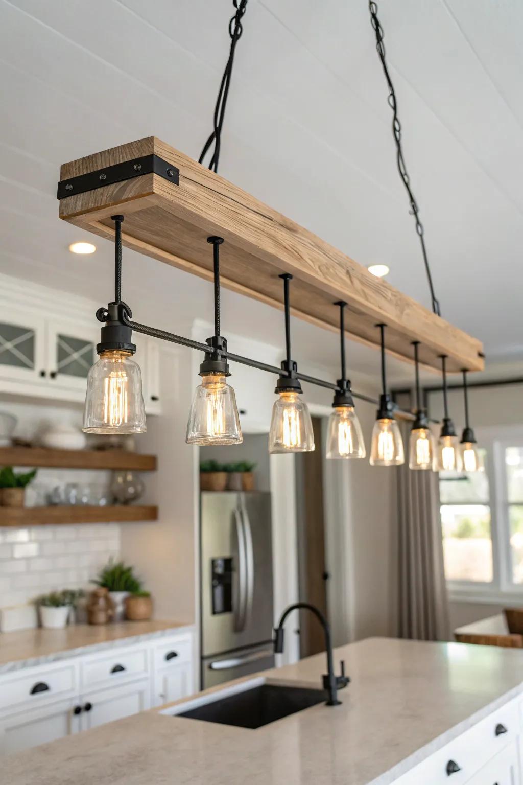 Handcrafted wood-and-metal linear chandelier anchoring a farmhouse island with airy Nordic warmth.
