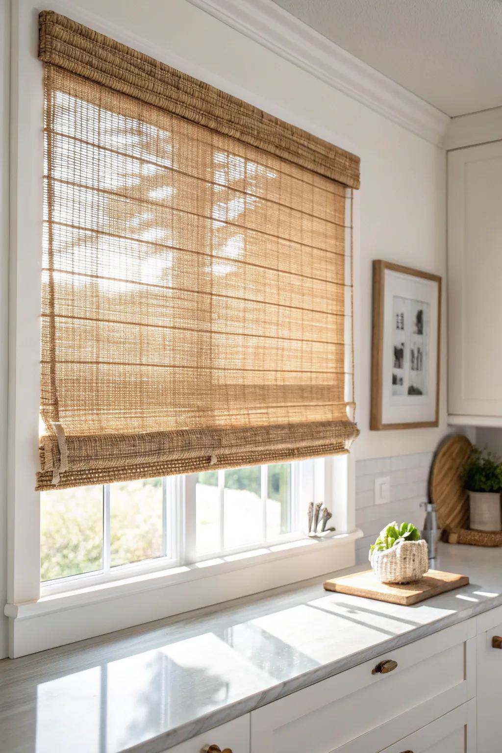 A woven wood shade adds airy farmhouse warmth—beautiful texture without blocking the view.