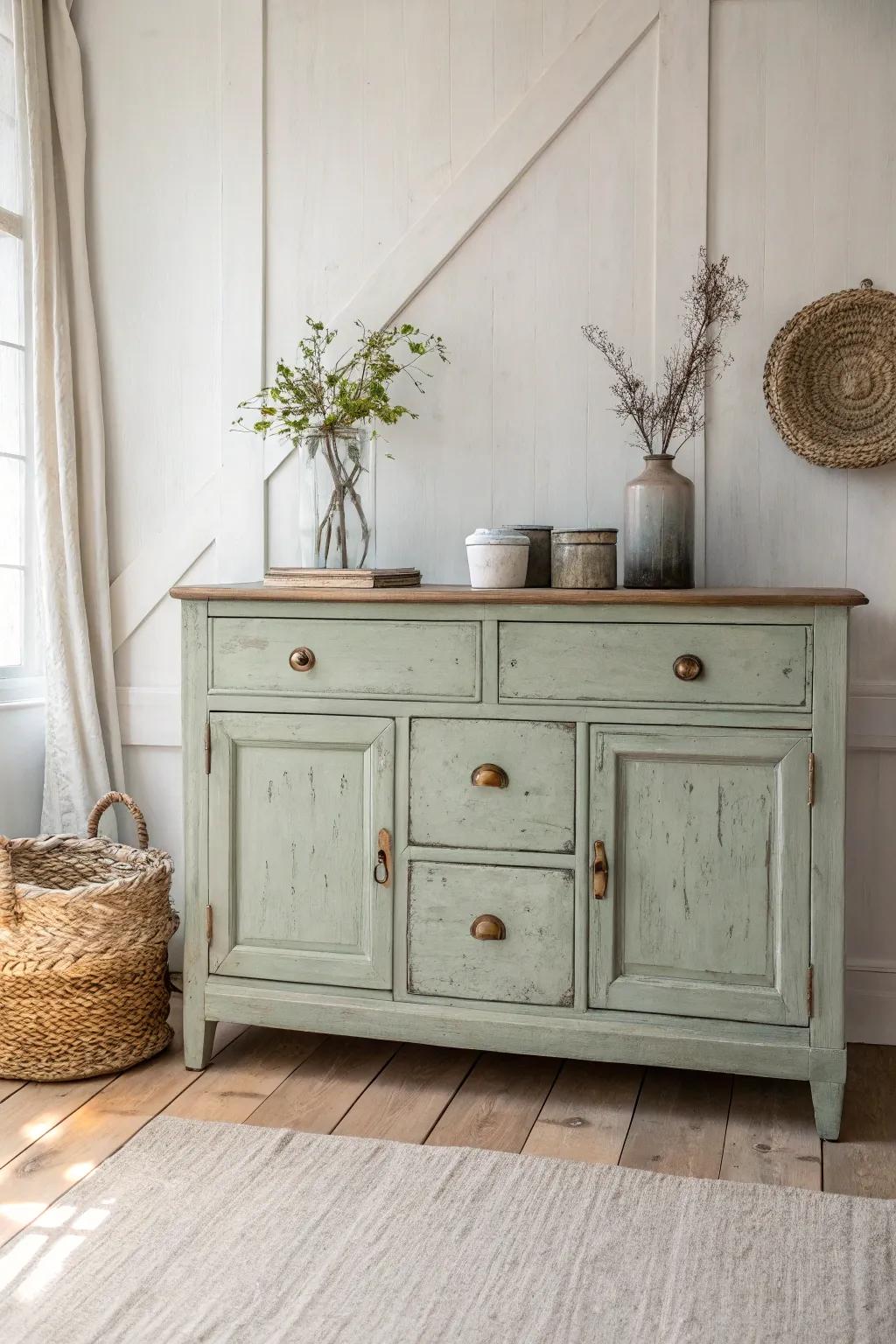 Light sage cabinets meet aged brass—an easy farmhouse refresh with calm Scandinavian charm.