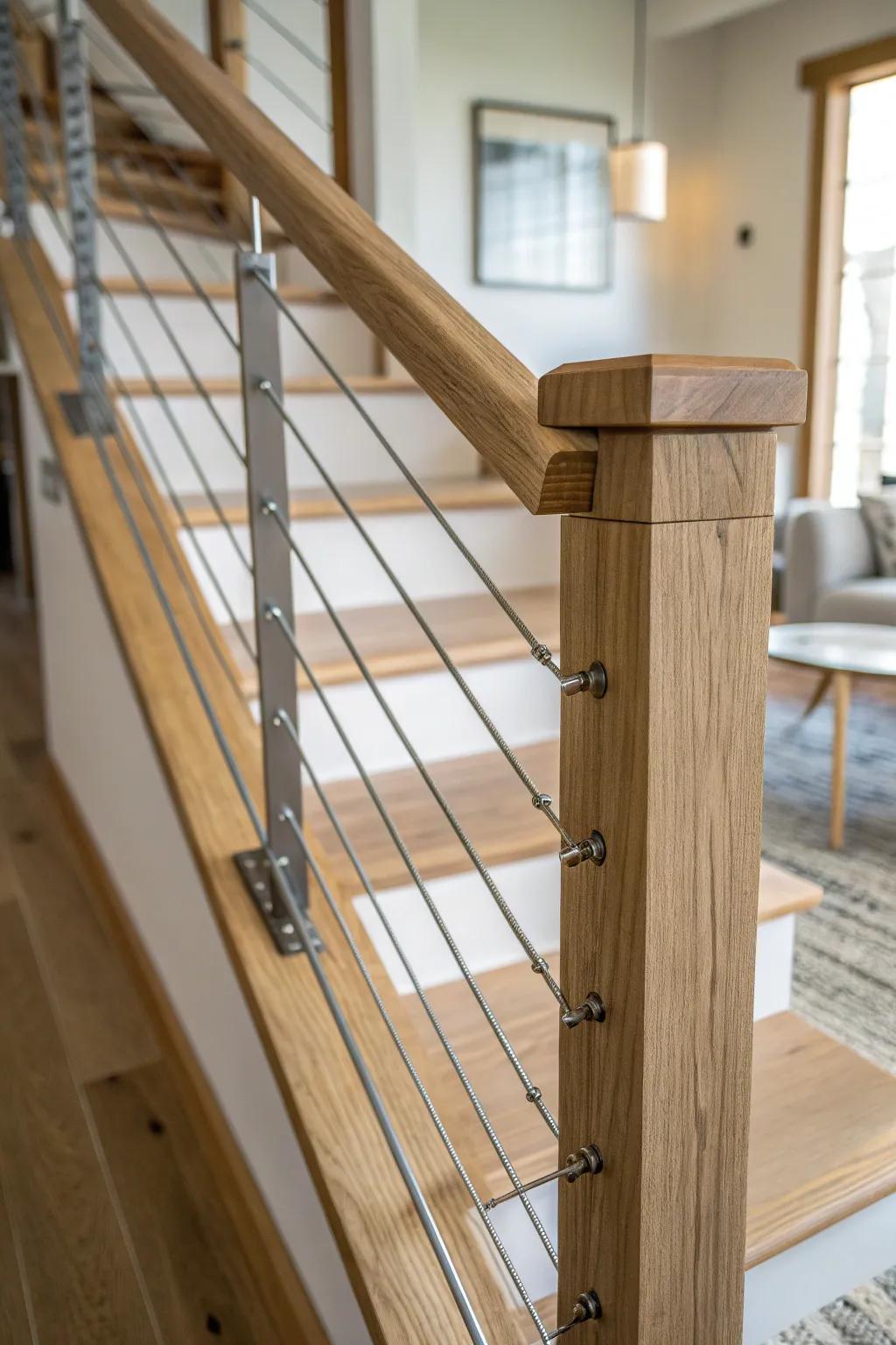 Clean farmhouse style: chunky oak posts with sleek horizontal cable infill on an open staircase.