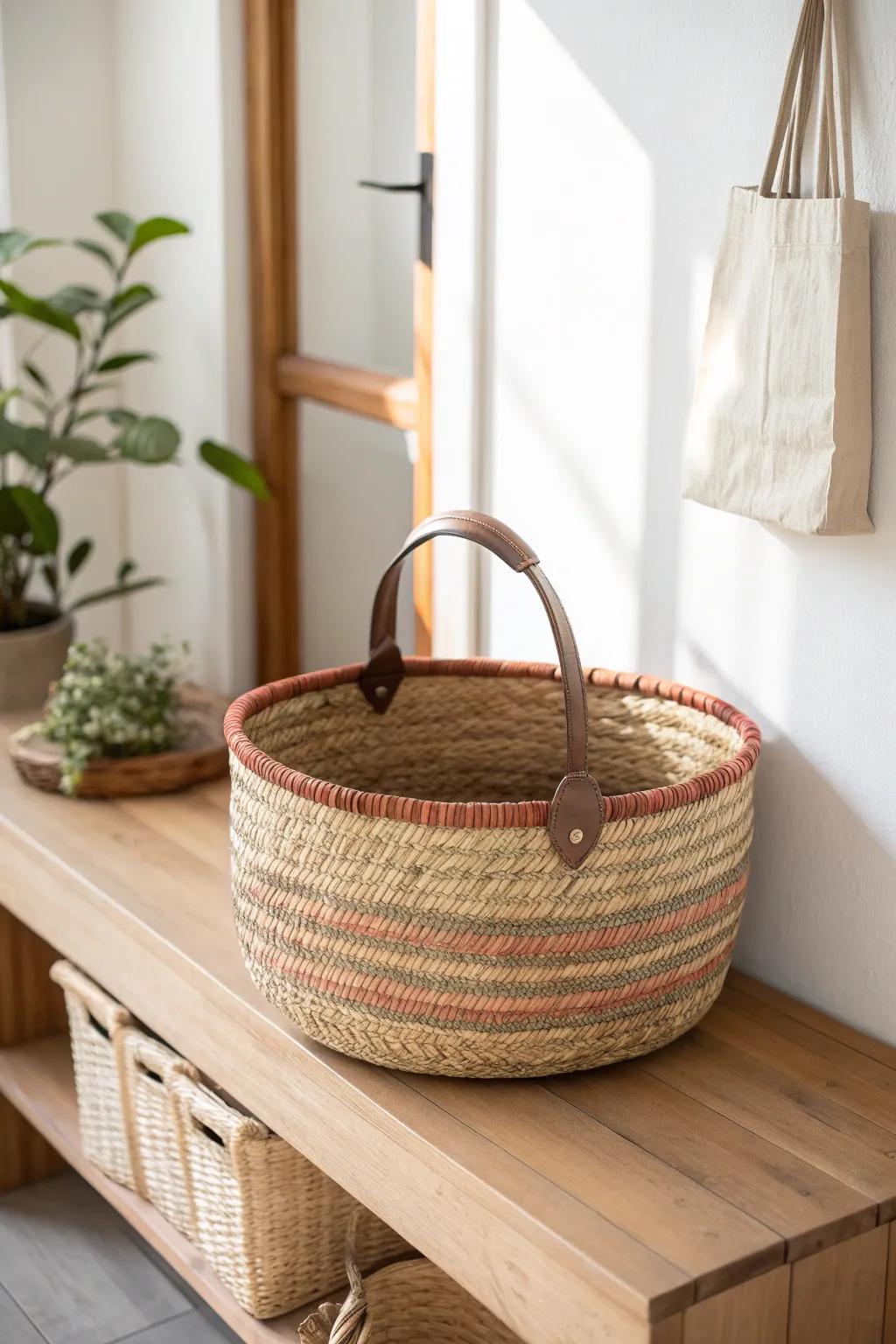 Add warmth and hidden storage with a woven basket—perfect on lower farmhouse shelves.
