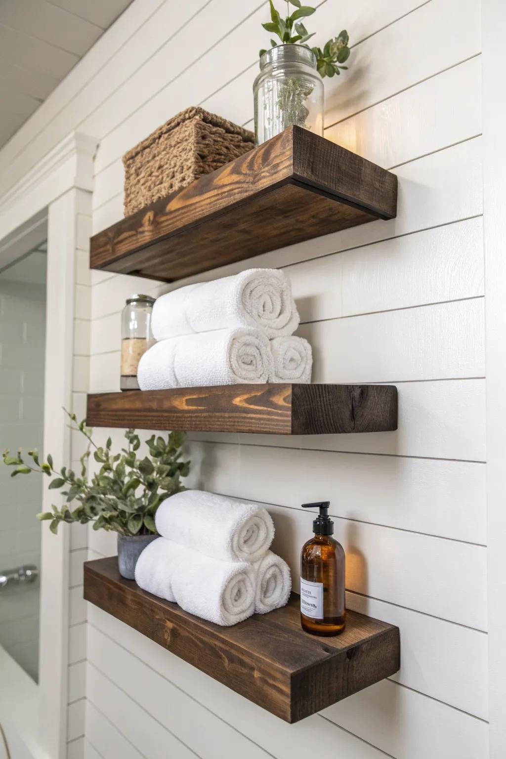Dark wood farmhouse shelf stack with rolled white towels and eucalyptus for a spa-like bath.