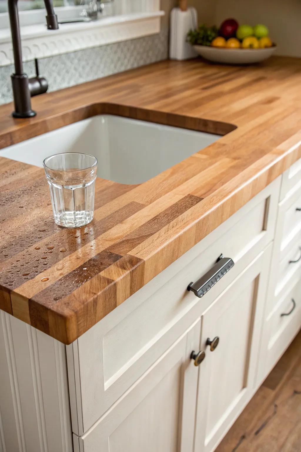 Sealed butcher block adds cozy farmhouse warmth—beautifully tough right by the sink.