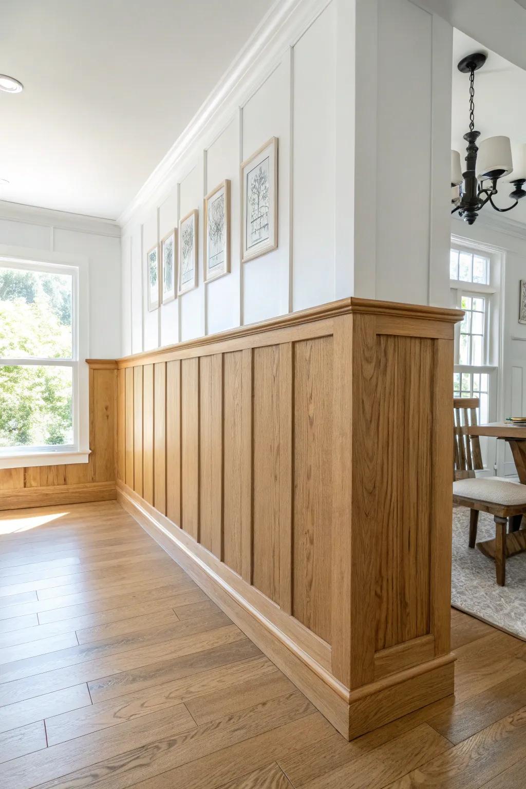 Faux wood wainscoting adds cozy warmth without shrinking your dining room—simple, airy, grounded.