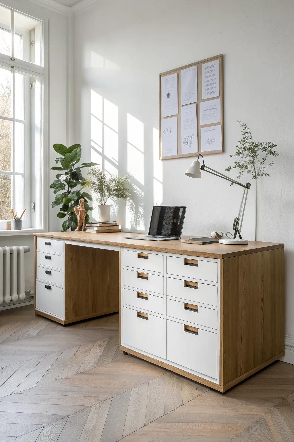 A long oak file-cabinet desk for two—minimal, bright, and beautifully crafted with room to breathe.