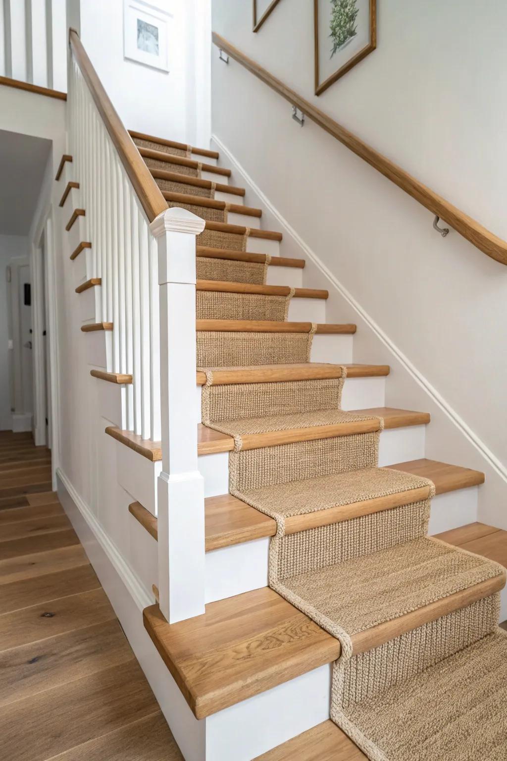 Soft greige stairs with a sealed finish—calm, durable, and effortless in any hallway.