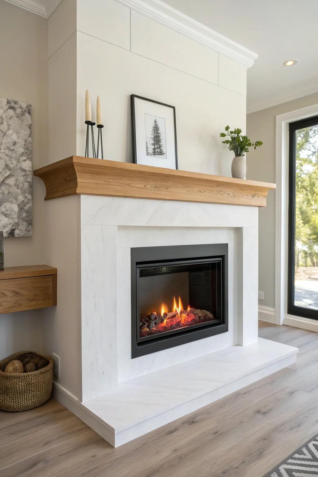 Smooth drywall bump-out with crisp corners and a simple oak mantel—clean, cozy, modern.