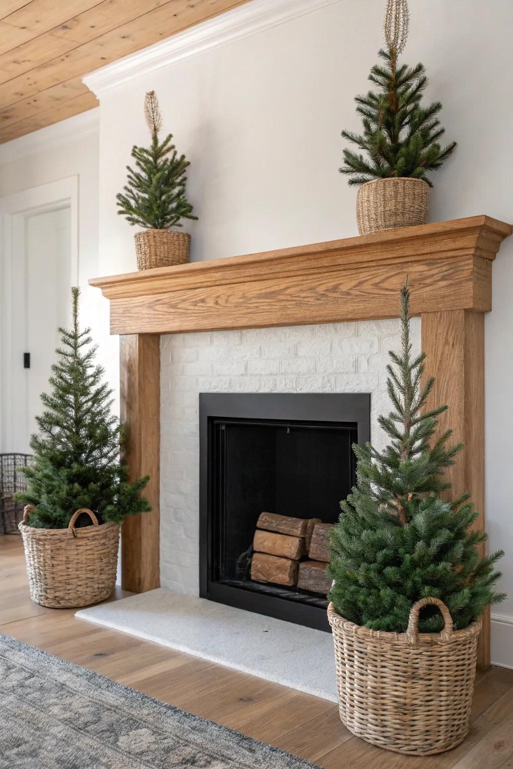 Two matching mini trees frame the mantel for a serene, perfectly balanced Christmas fireplace look.
