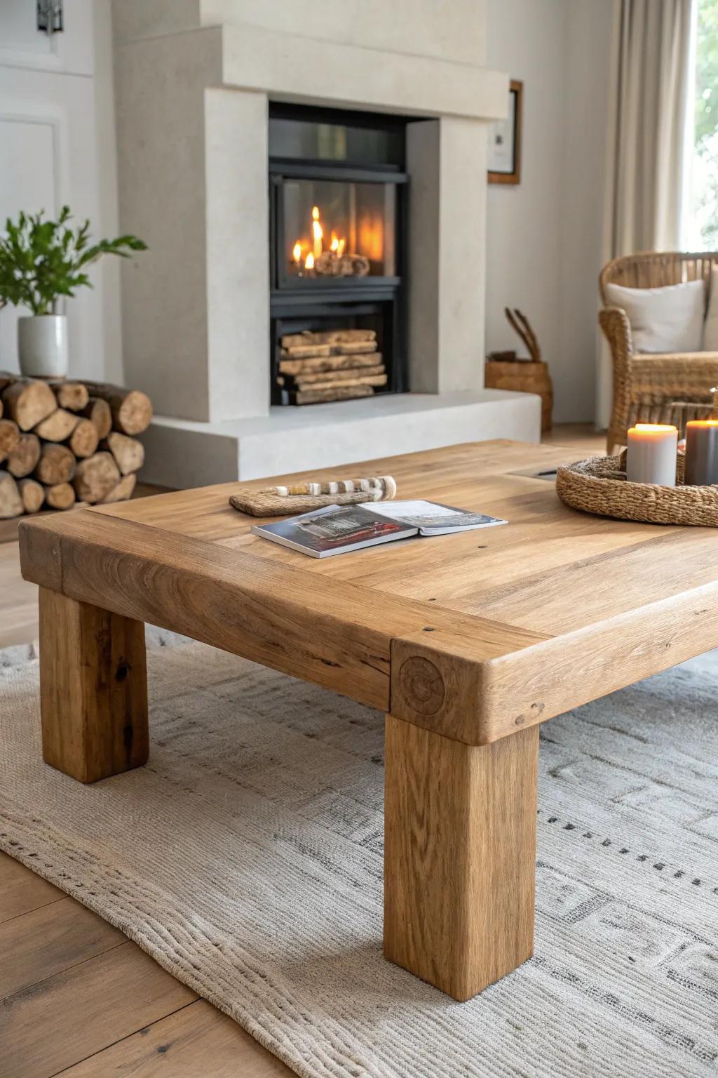 A chunky oak coffee table that anchors the room—warm grain glowing beside the hearth.