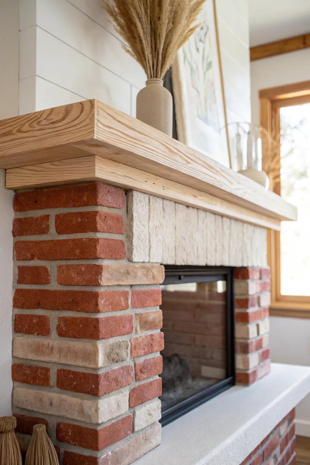 German smear brick + light oak mantel: soft old‑world texture with clean Scandinavian calm.