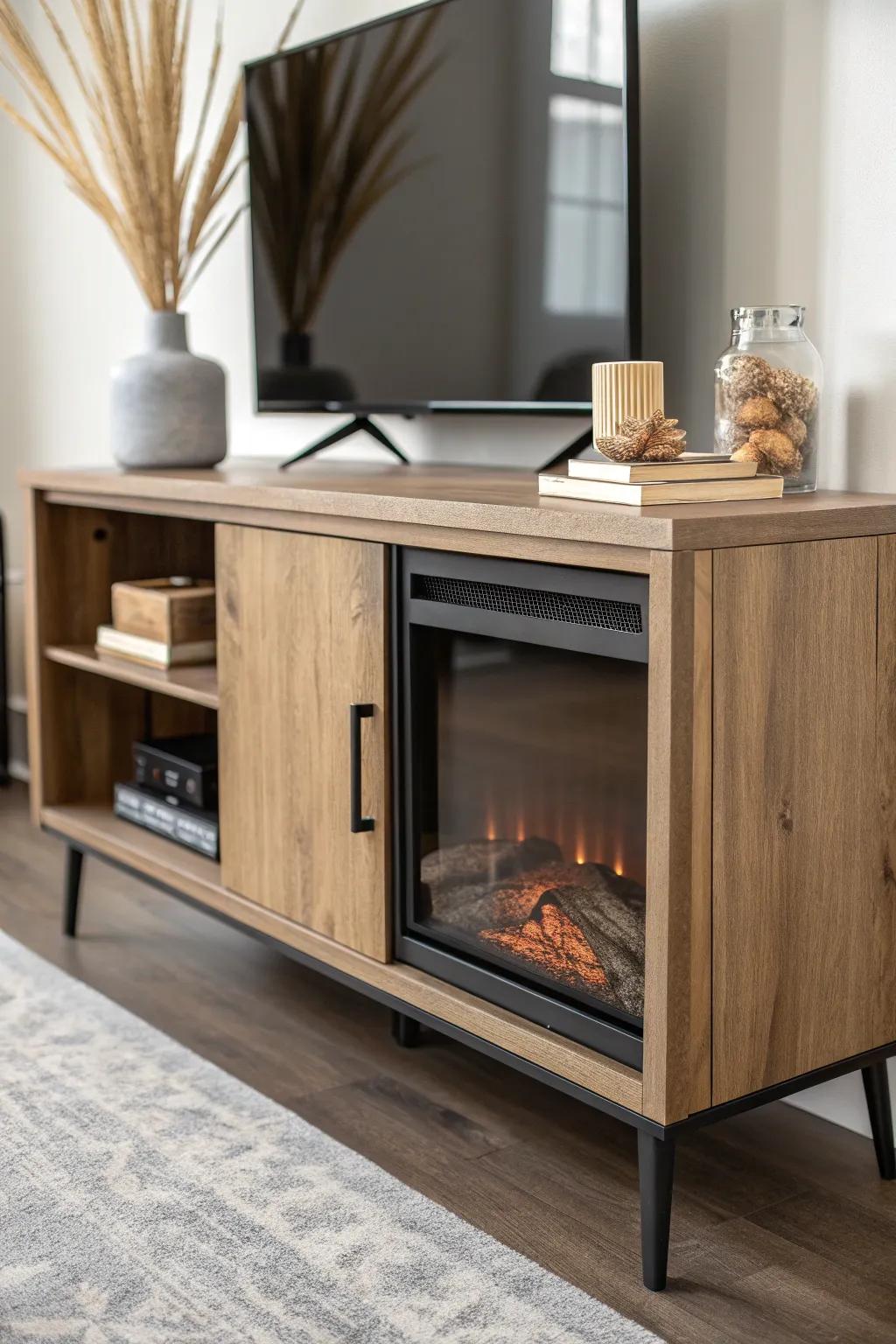 Two-tone oak and matte black fireplace TV stand for a sleek modern farmhouse look