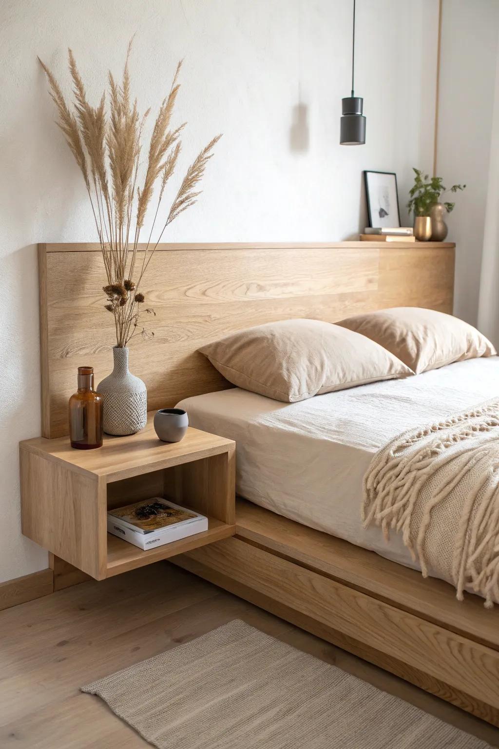 Built-in floating nightstand detail that keeps the floor clear and the bed truly “hovering.”