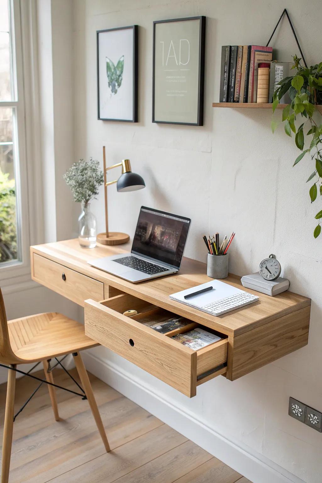 A floating corner desk with a sleek built-in drawer—perfect for stashing pens and staying clutter-free.
