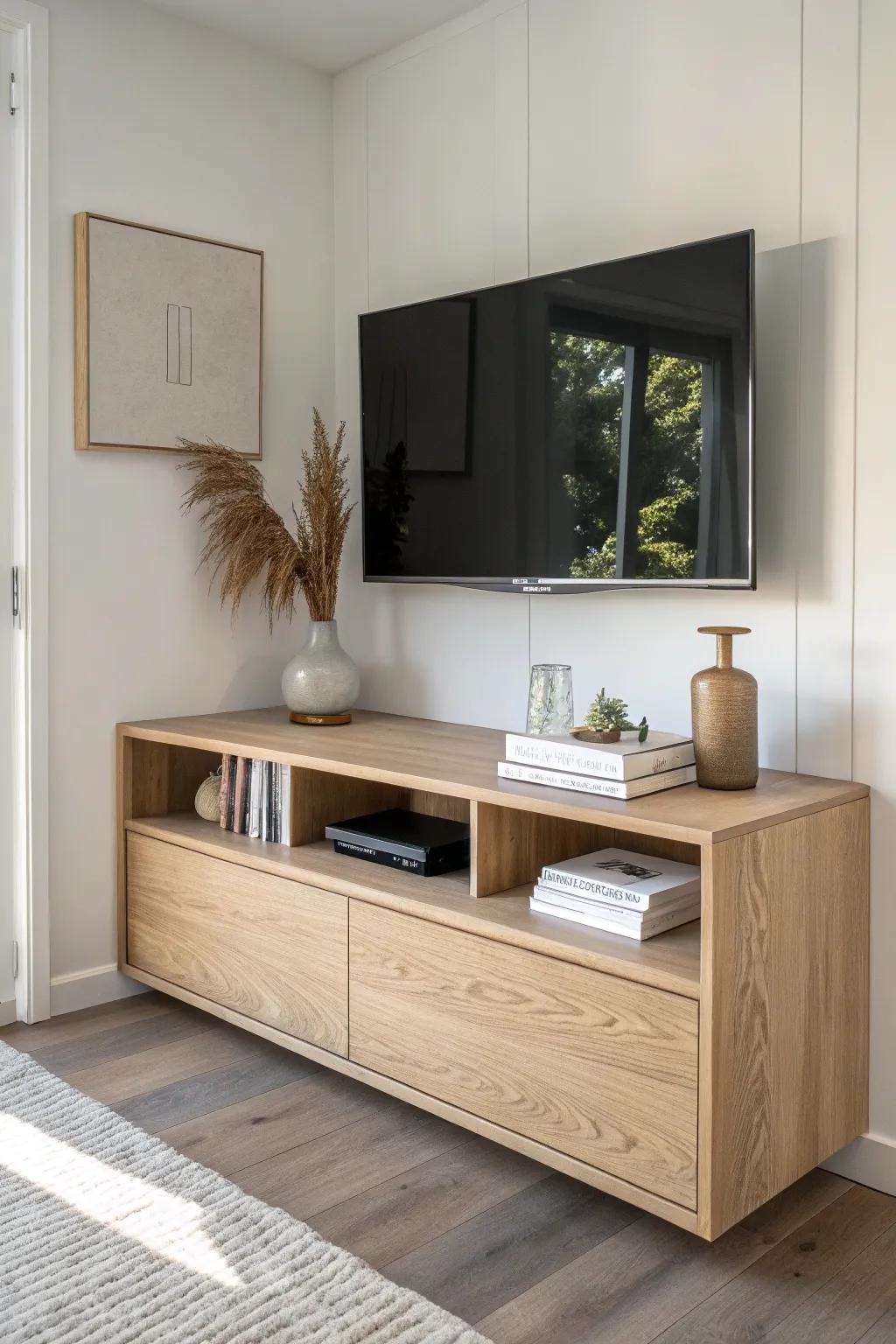 Corner-mounted floating oak media unit—minimal, airy, and a space-saving small-room win.