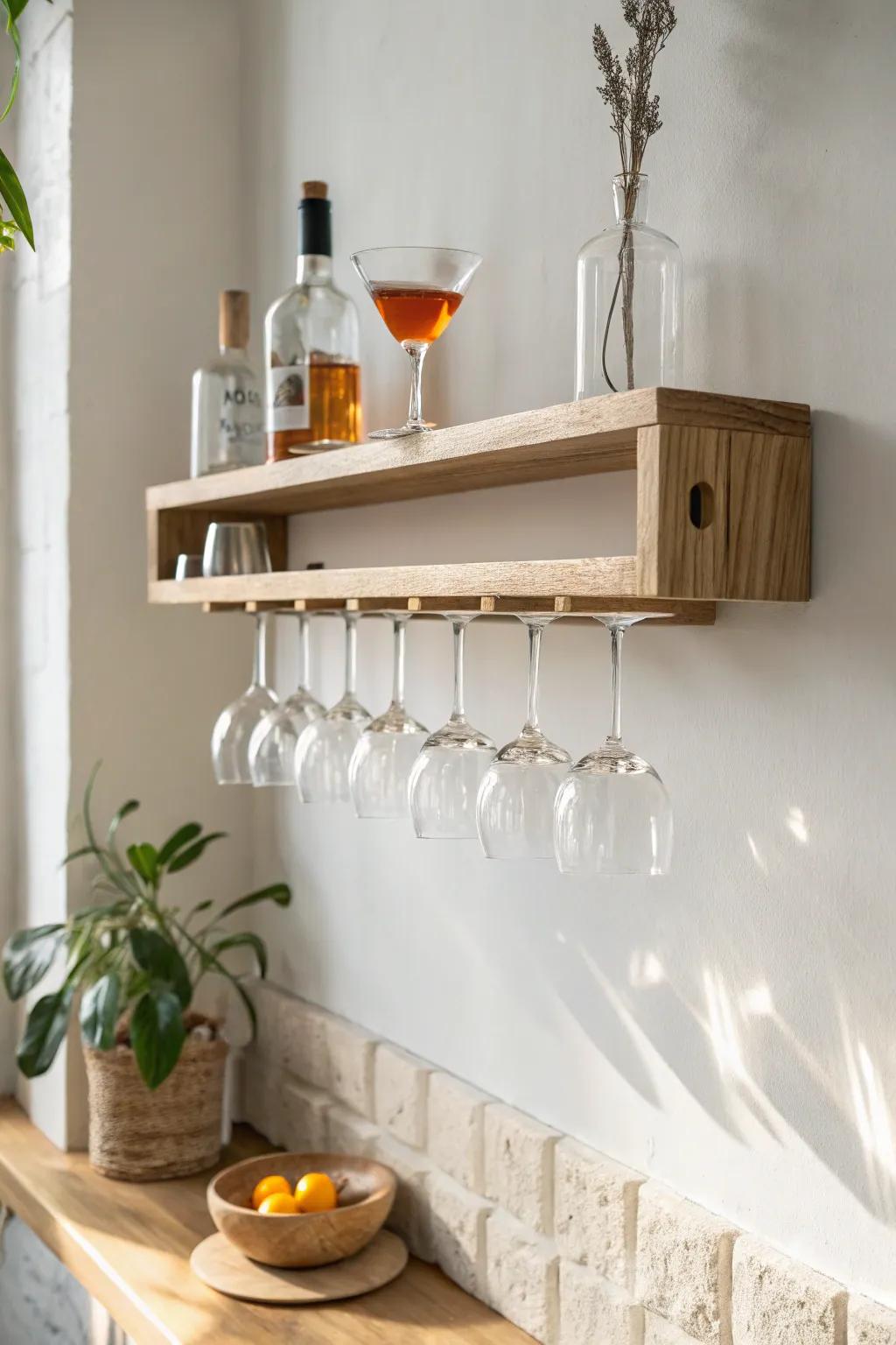 A floating shelf bar with a sleek under-shelf stemware rack—minimal, warm, and pro-level.