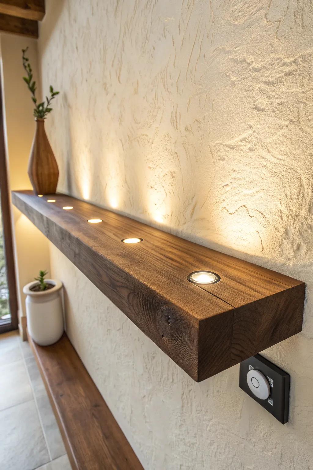 Recessed mini puck lights create warm spotlight pools under chunky walnut floating shelves.