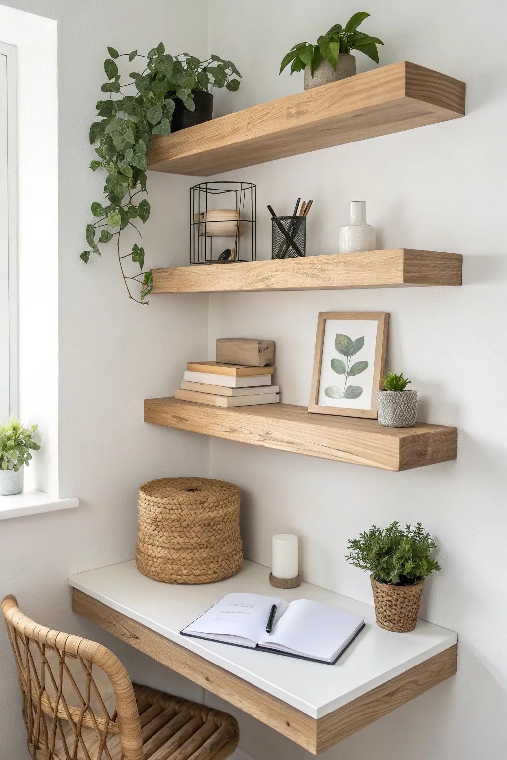 Corner floating shelves that turn dead office space into warm, minimalist storage.