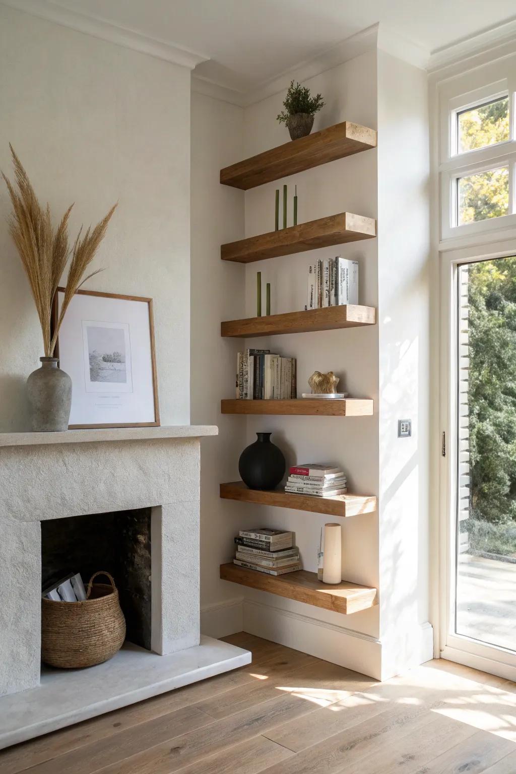 A floor-to-ceiling floating shelf column beside the fireplace for a taller, airier look.