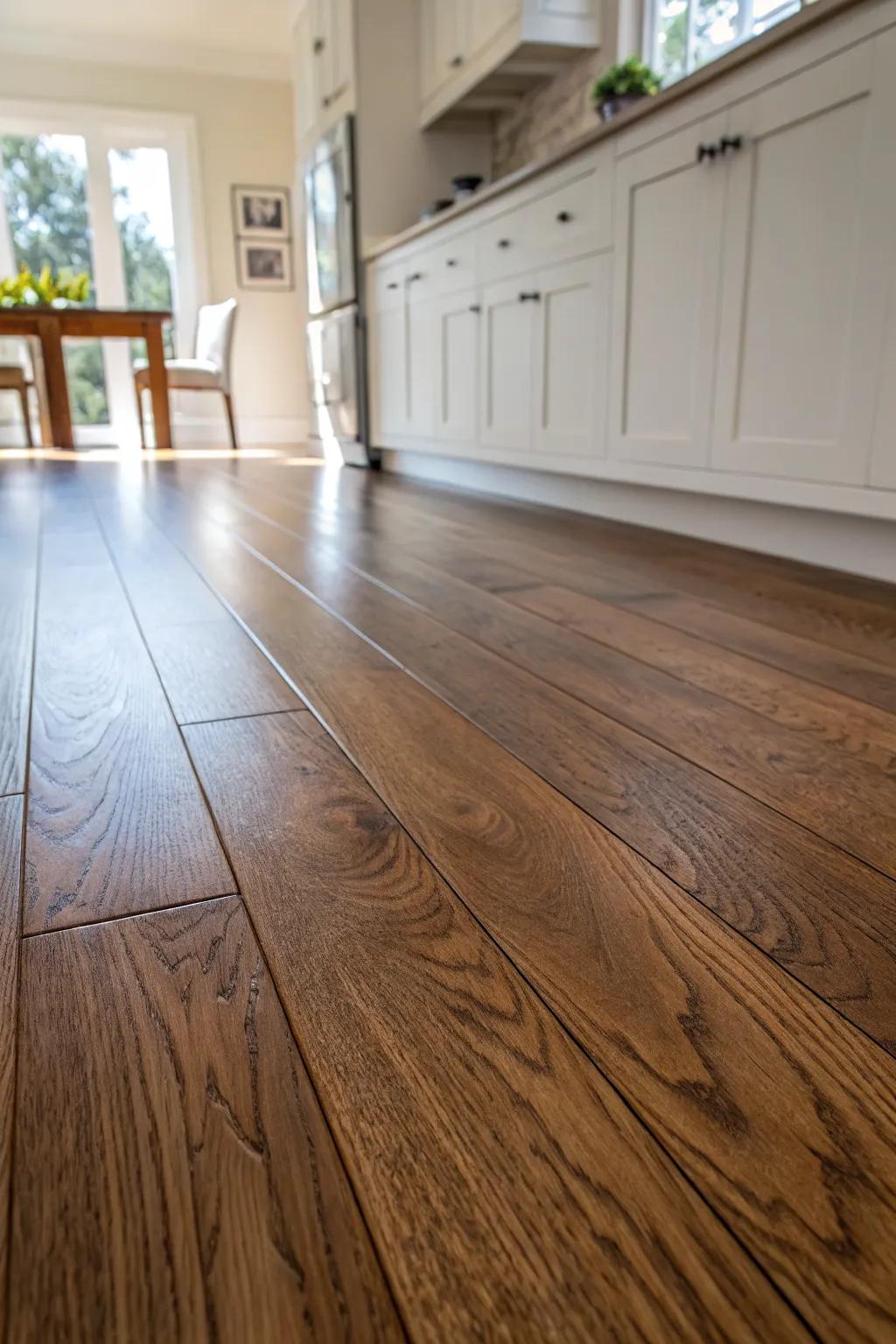 Deep, warm stain brings instant drama—especially stunning against crisp white cabinets.