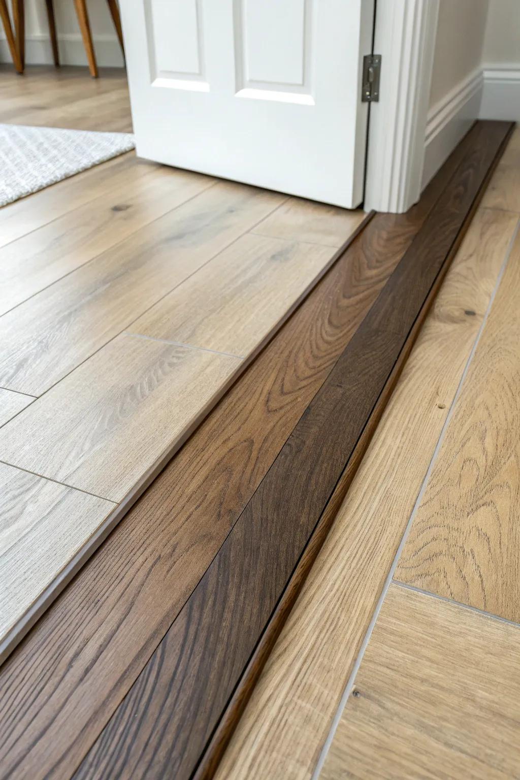 A dark walnut threshold strip that frames the room—clean, bold contrast on light oak.