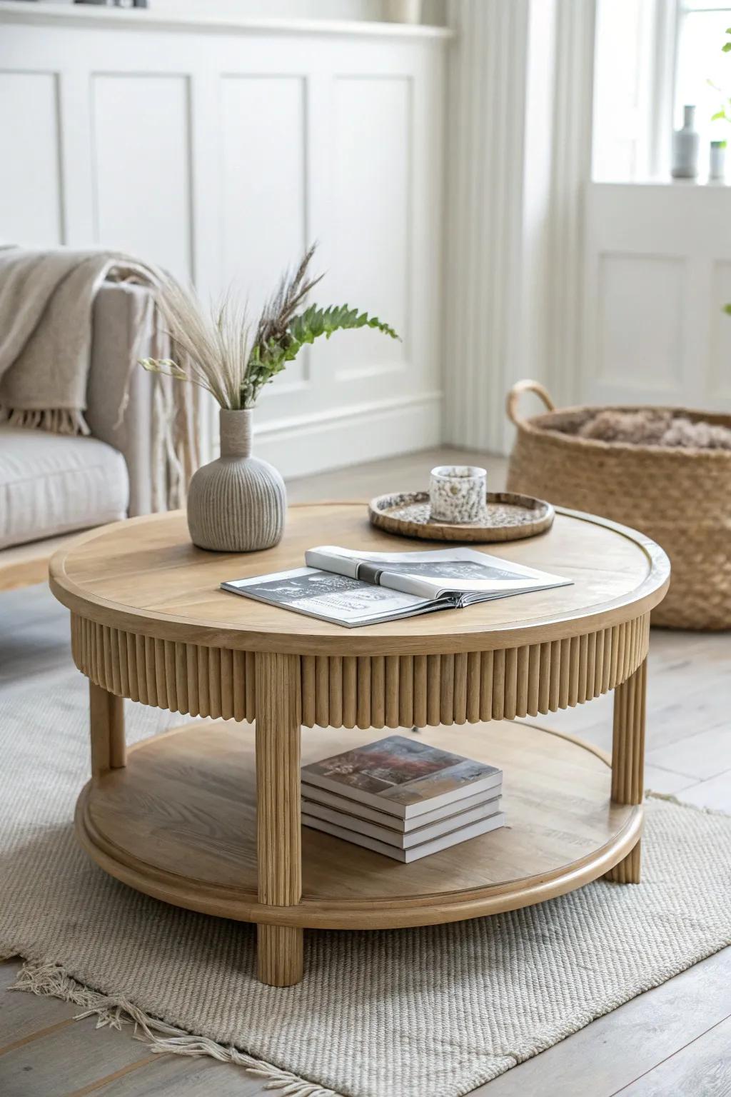 Two-tier fluted coffee table: sculptural texture on top, hidden storage below—clean and calm.