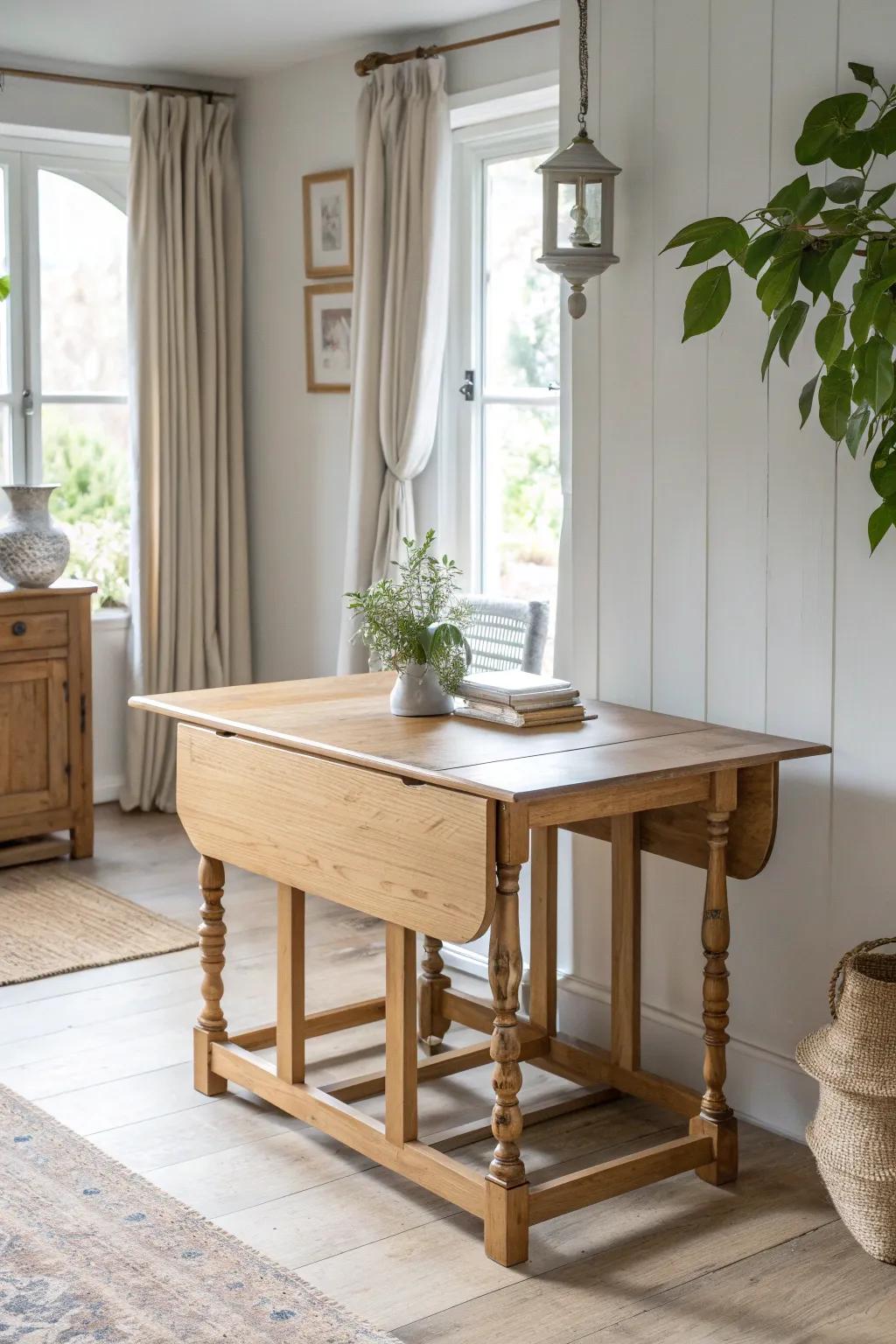 A slim gateleg desk that opens wide for work, then folds down beautifully for small spaces.