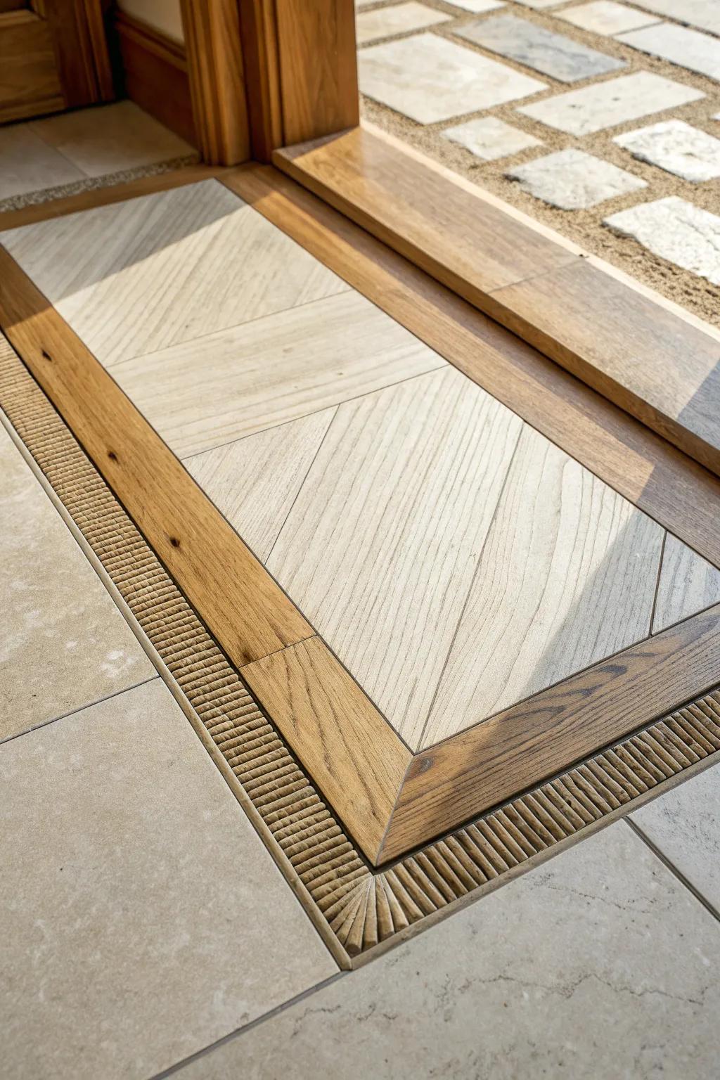 A custom wood inlay border frames stone tile—clean, warm, and perfectly defines the foyer.