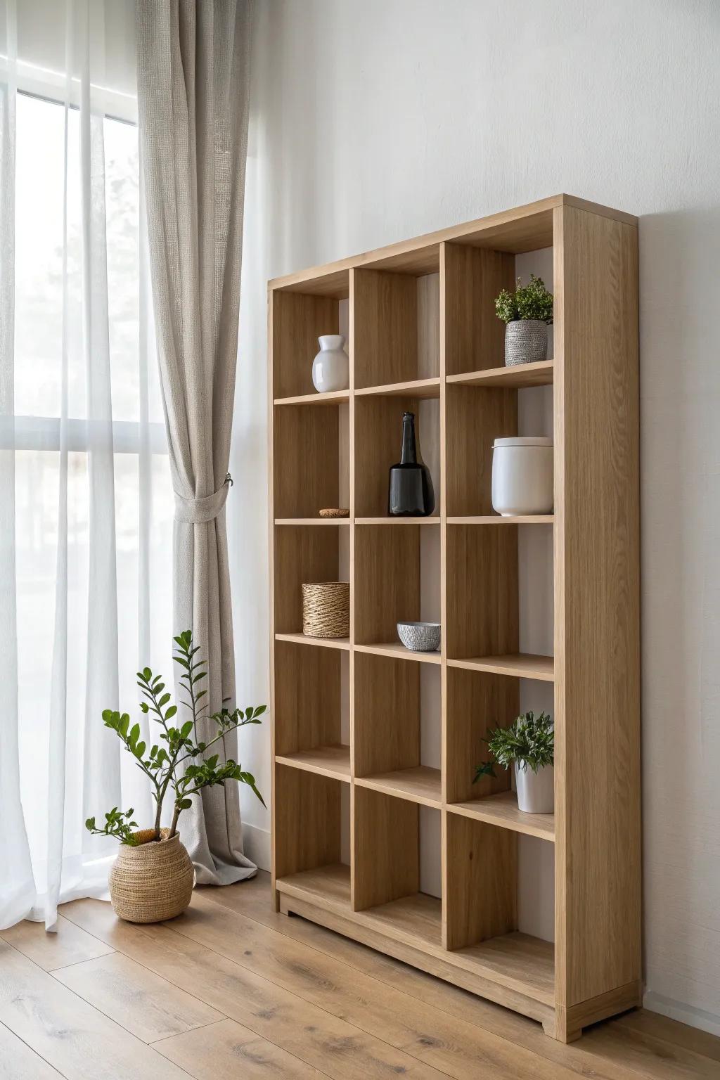 Modular oak cube shelf wall—clean lines, reconfigurable cubes, and warm minimal styling.