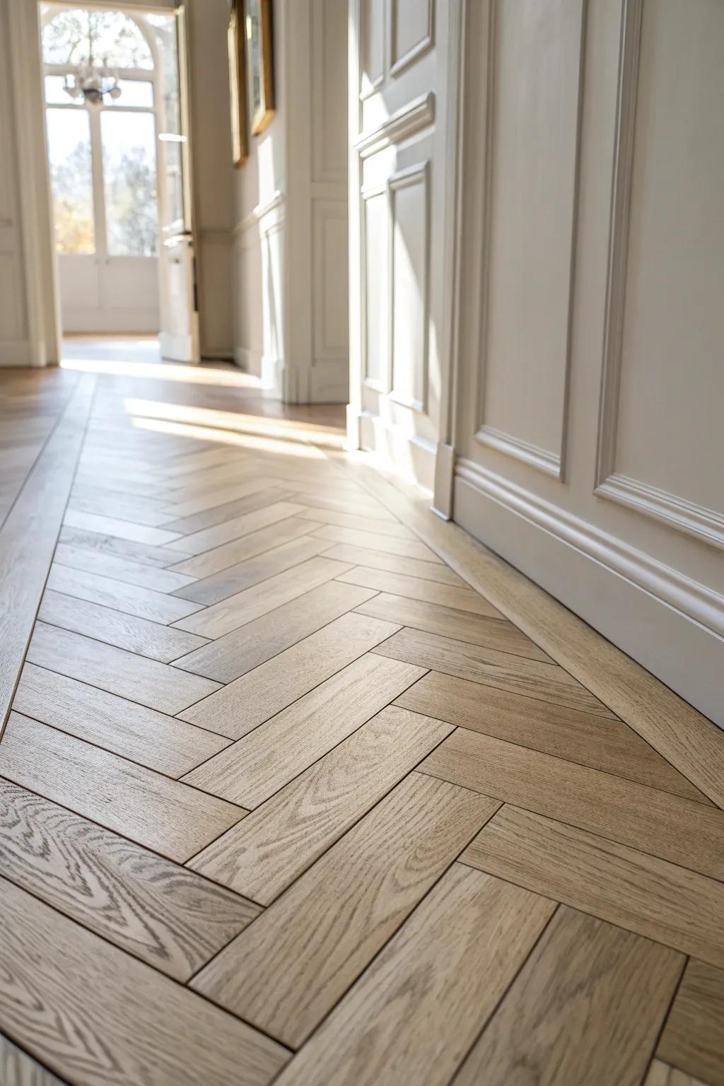 Low-sheen herringbone parquet: French country elegance that turns a simple hallway into a focal point.