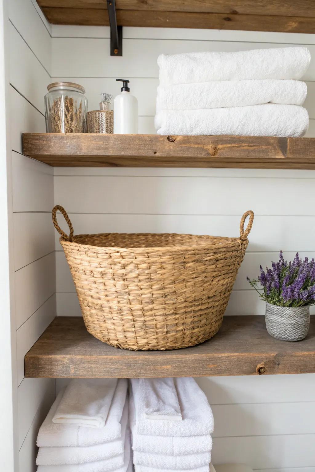 Chunky reclaimed wood shelves + woven baskets for an effortless French country laundry look.