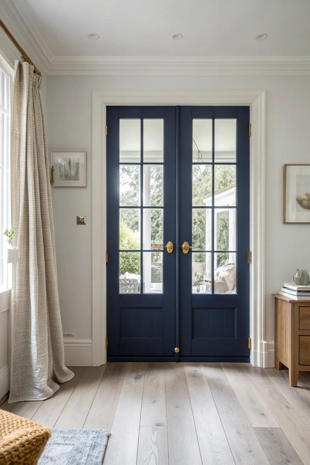 Deep navy French doors with brass hardware and white trim for a timeless, stately statement.