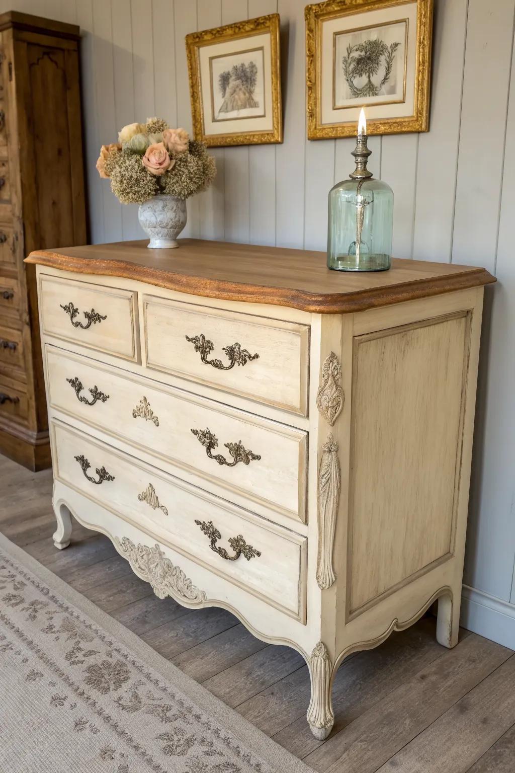 Distressed dresser makeover: soft edges, light glaze, and a clean French provincial finish.