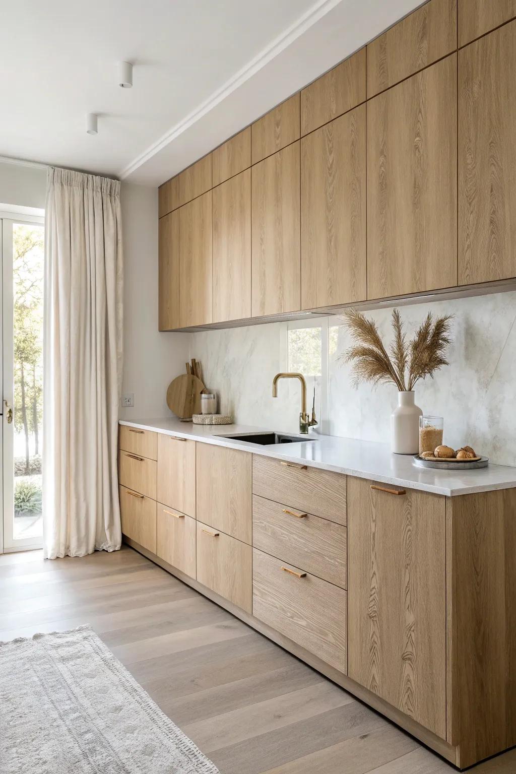A full wall of slab-front oak cabinets for that seamless, calm “sheet of cabinetry” look.