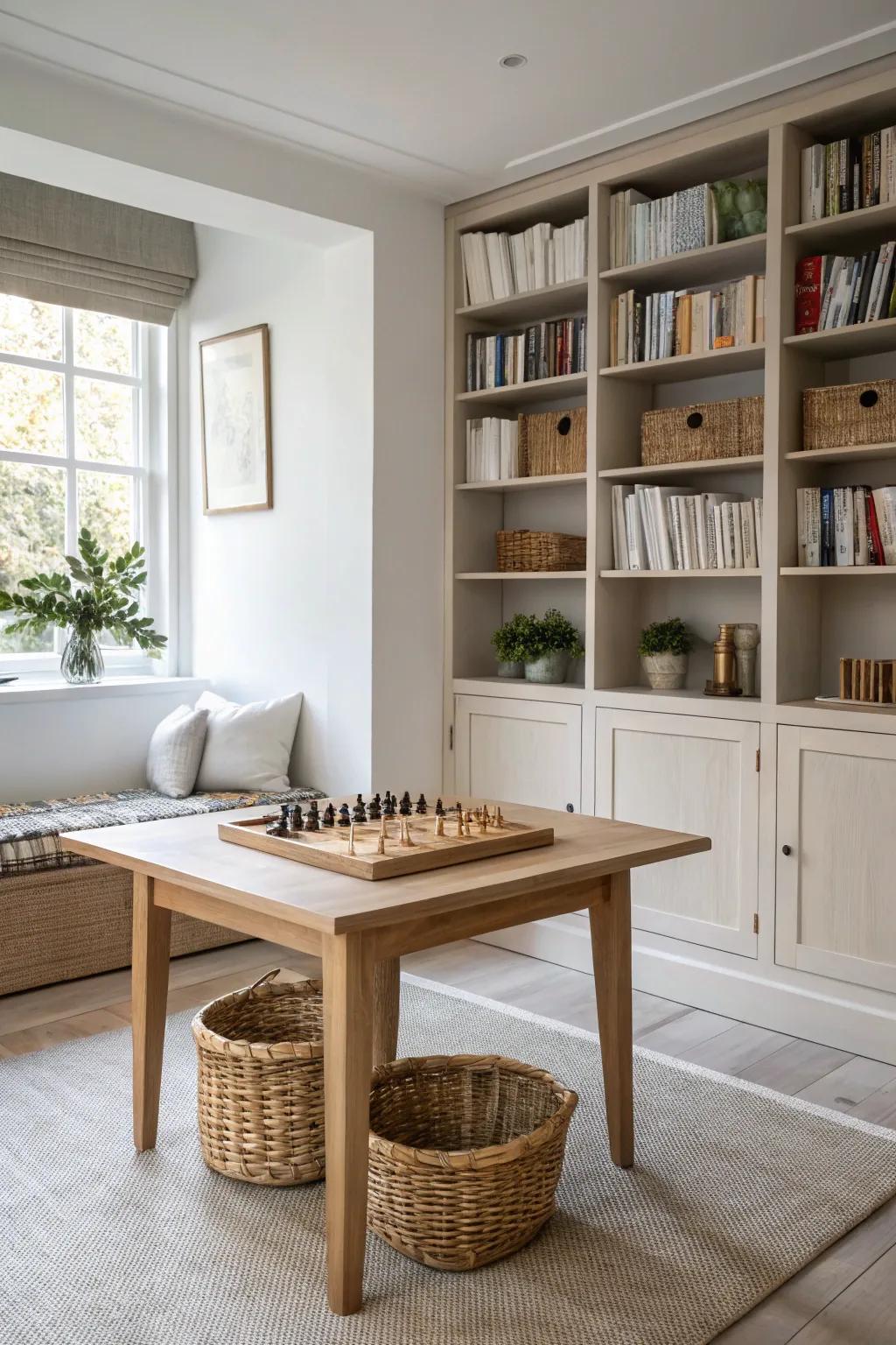 A handcrafted oak game table framed by built-in shelves keeps play stylish and clutter-free.