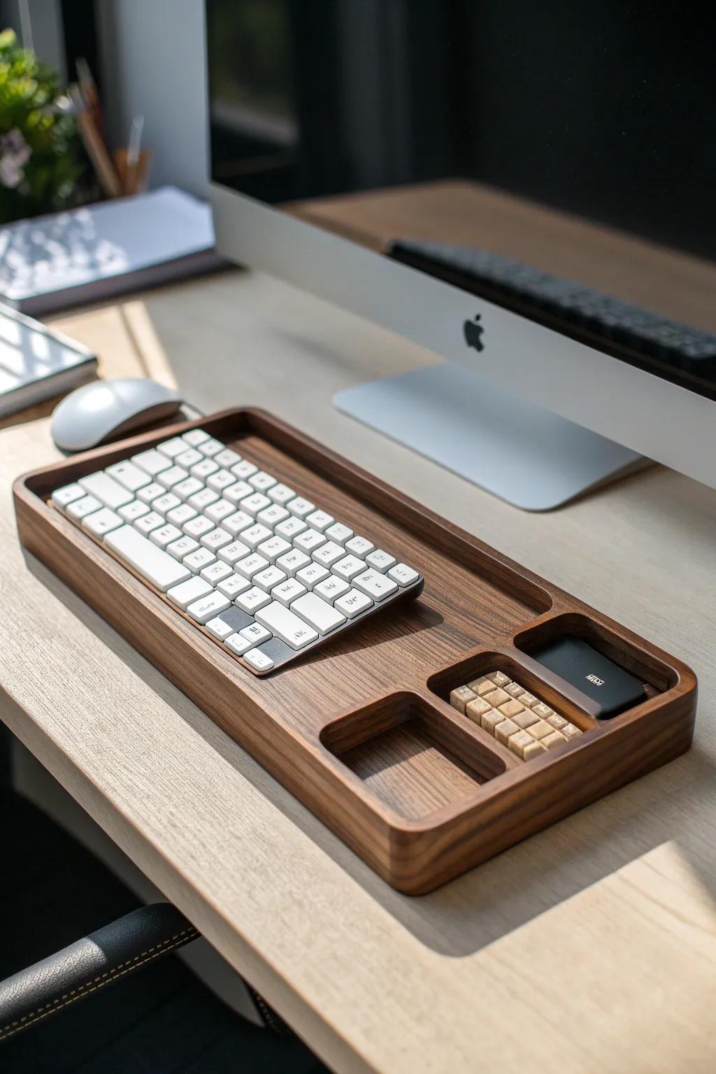Create calm, premium balance with a handcrafted wood organizer that sets up simple, symmetrical desk zones.