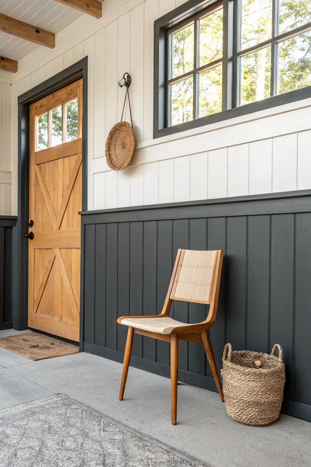 Two-tone garage wainscot: dark lower half for durability, light upper half for airy height.