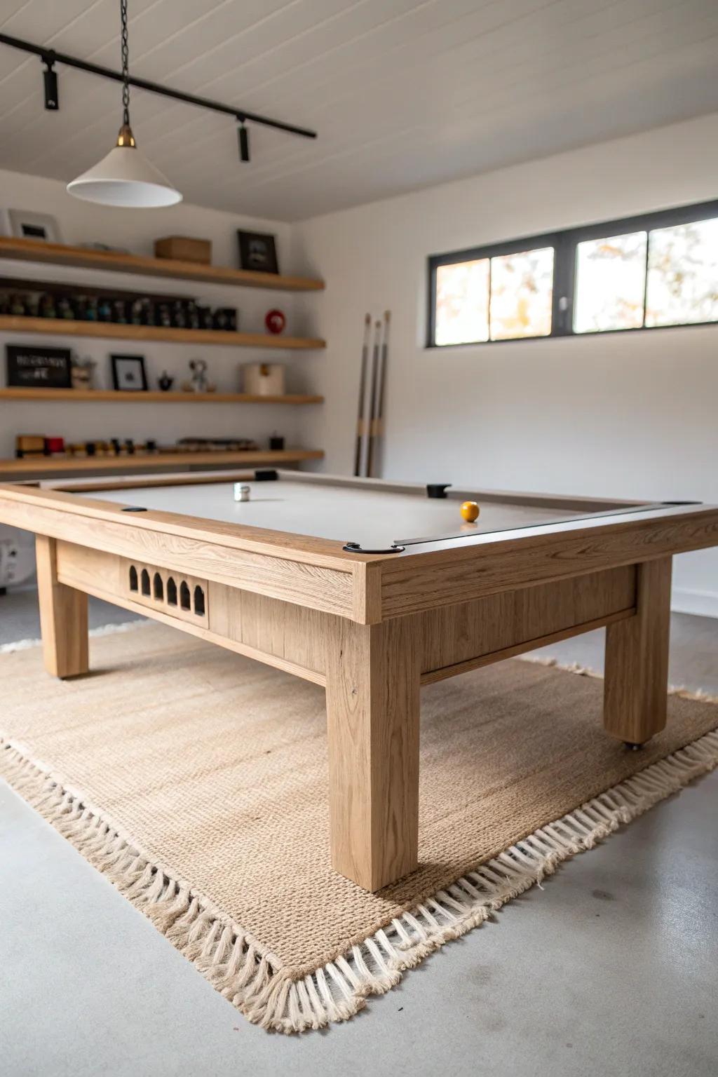 A light oak pool table centerpiece—clean lines, cozy tones, and plenty of cue swing space.