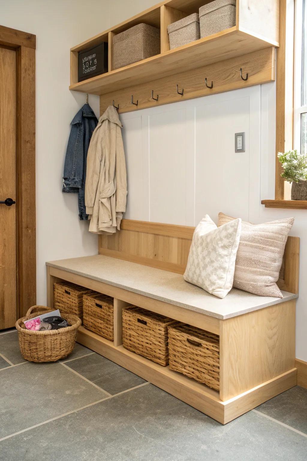 Built-in garage wall bench with hidden under-seat storage—clean, cozy, and craft-forward.