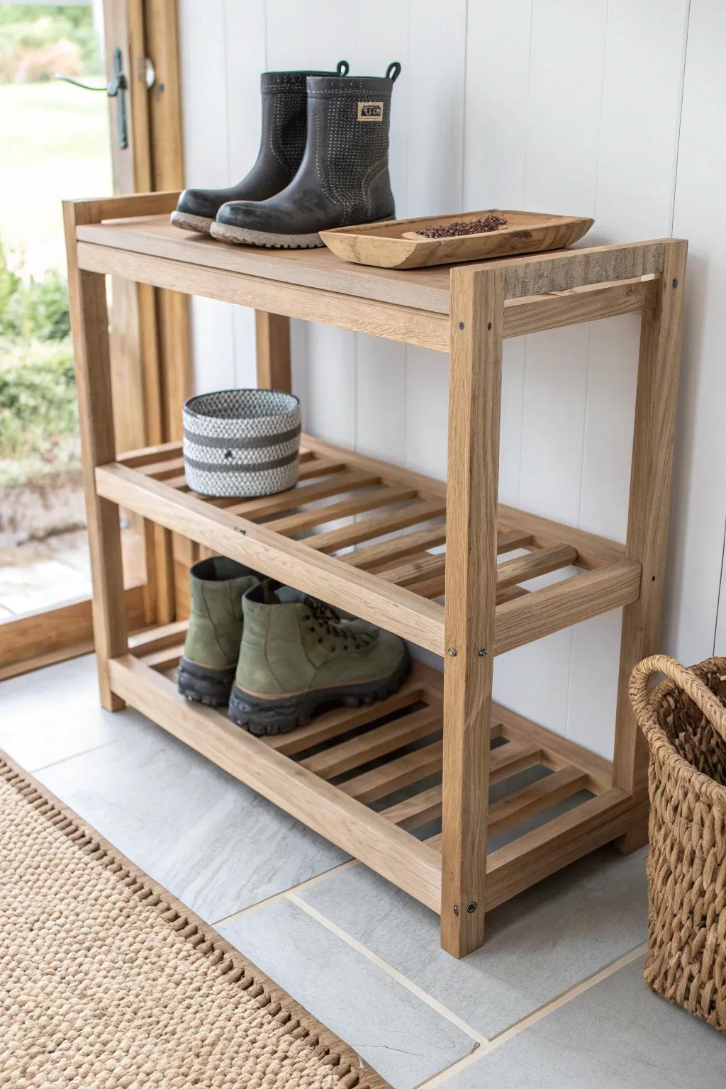 A boot-friendly bottom tray shelf keeps muddy boots contained—and the rack easy to rinse.