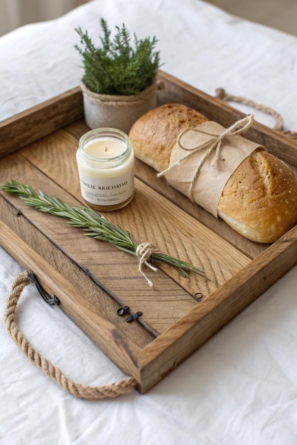 Rustic handle tray with loaf, jam, candle & greenery—an effortless housewarming gift.