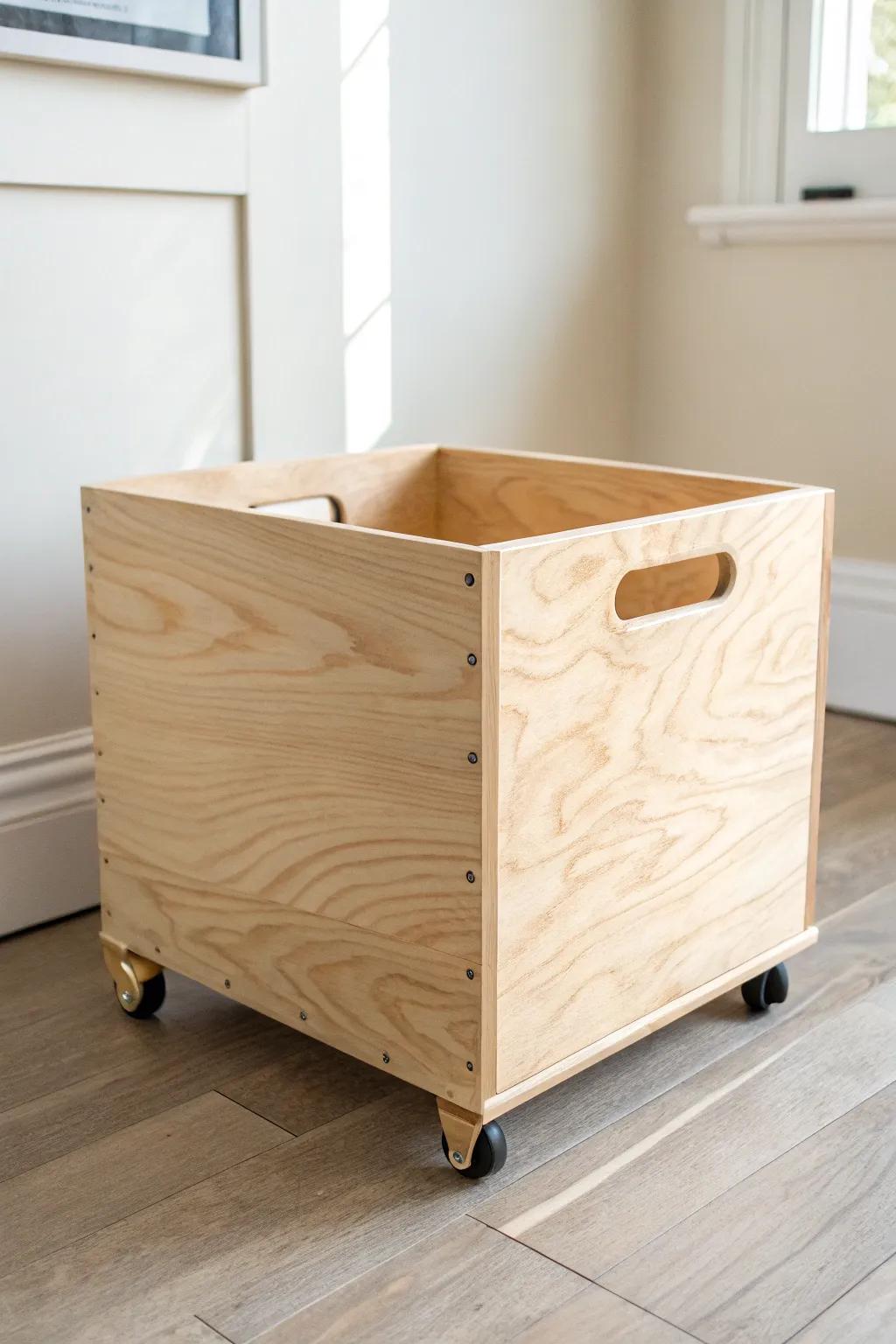 A birch rolling pull-out toy bin with brass casters—pretty, practical, and made to last.