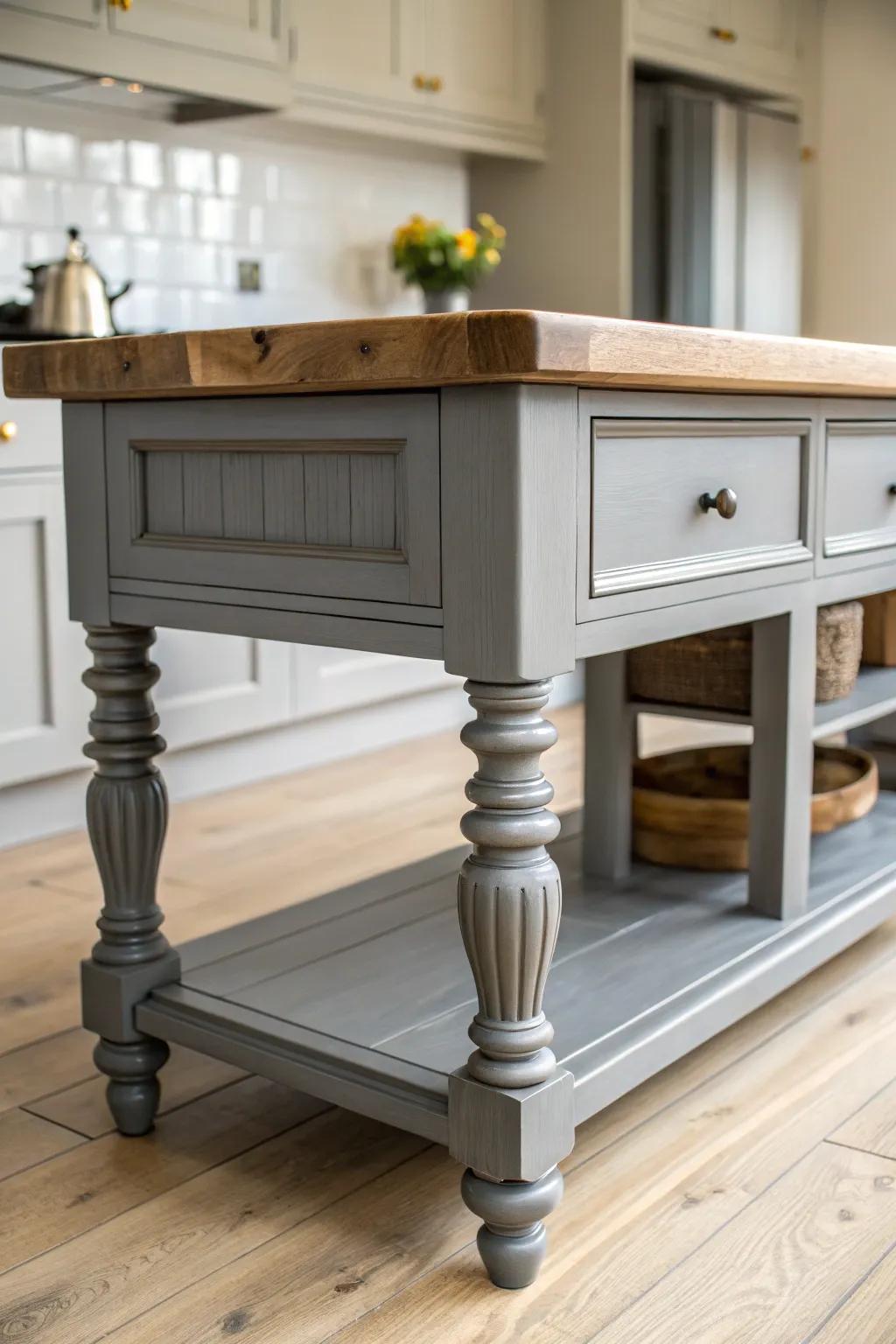 A gray island with chunky legs anchors the kitchen—minimal, warm, and beautifully crafted.