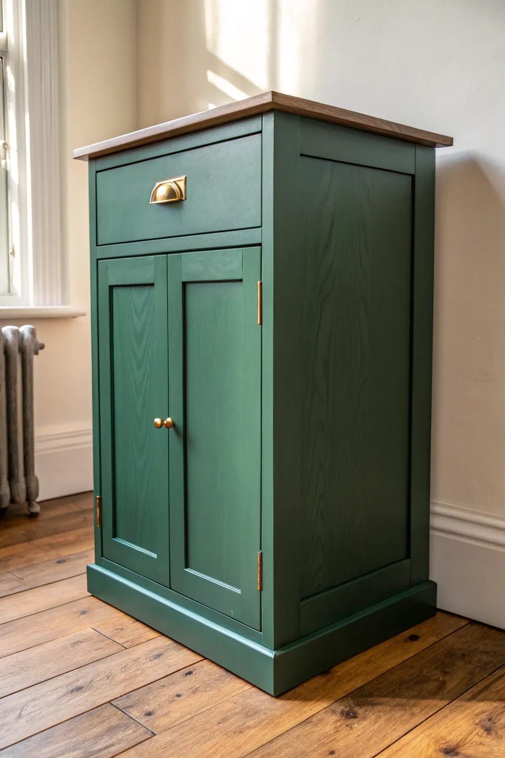 Deep forest-green cabinets meet warm brown oak floors for a rich, grounded kitchen look.