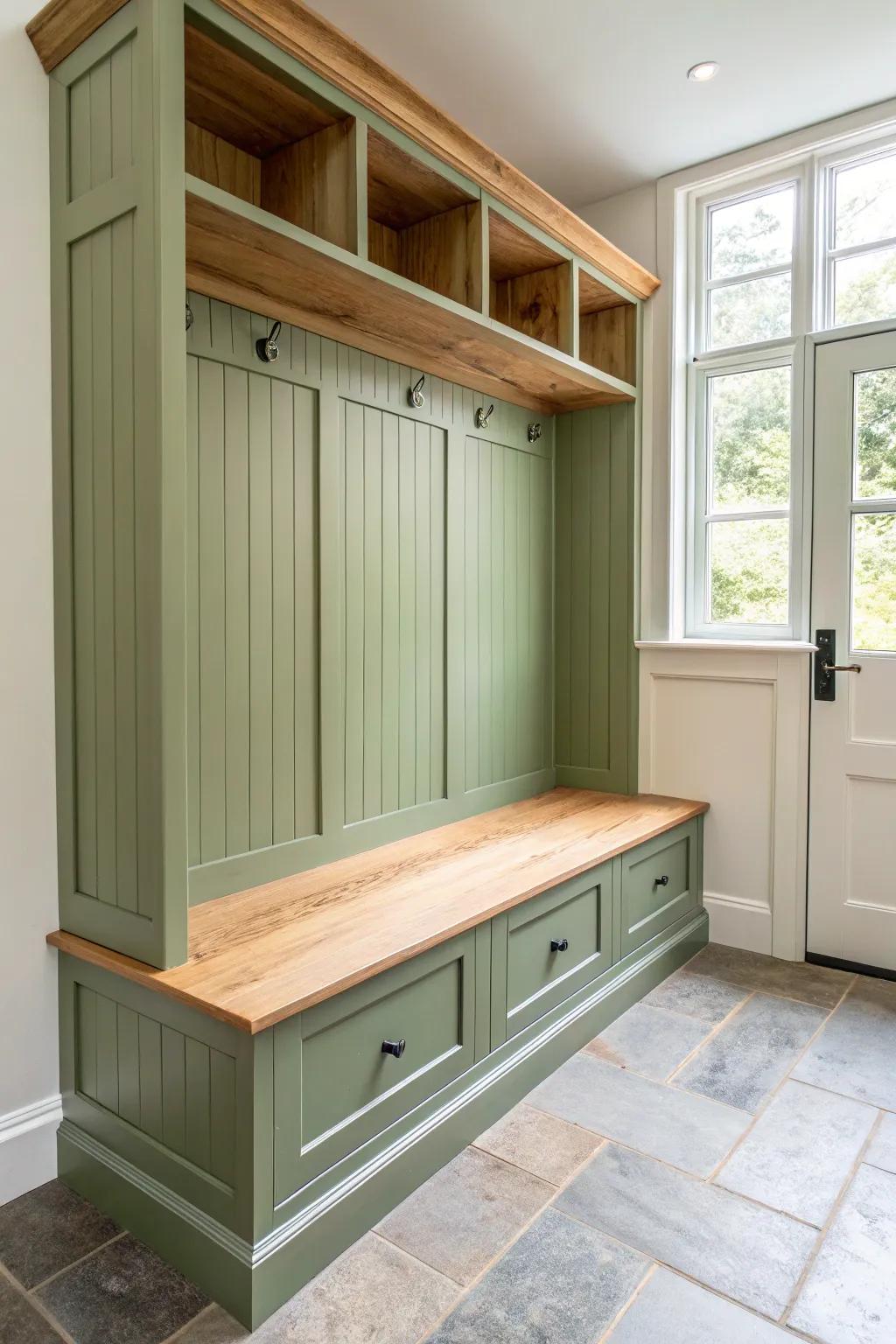 Sage green beadboard cubbies bring texture and calm to a hardworking everyday mudroom.