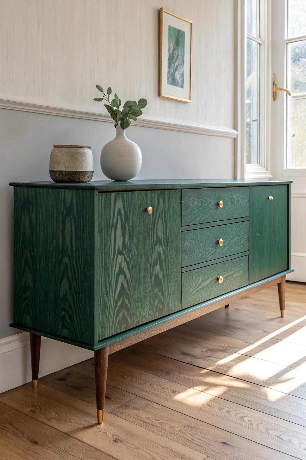 Deep emerald green turns a vintage sideboard into a timeless statement—simple styling, big impact.